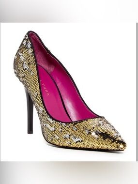 Trina Turk Gold Sequin Pointed Toe High Heel Pump with Pink Interior